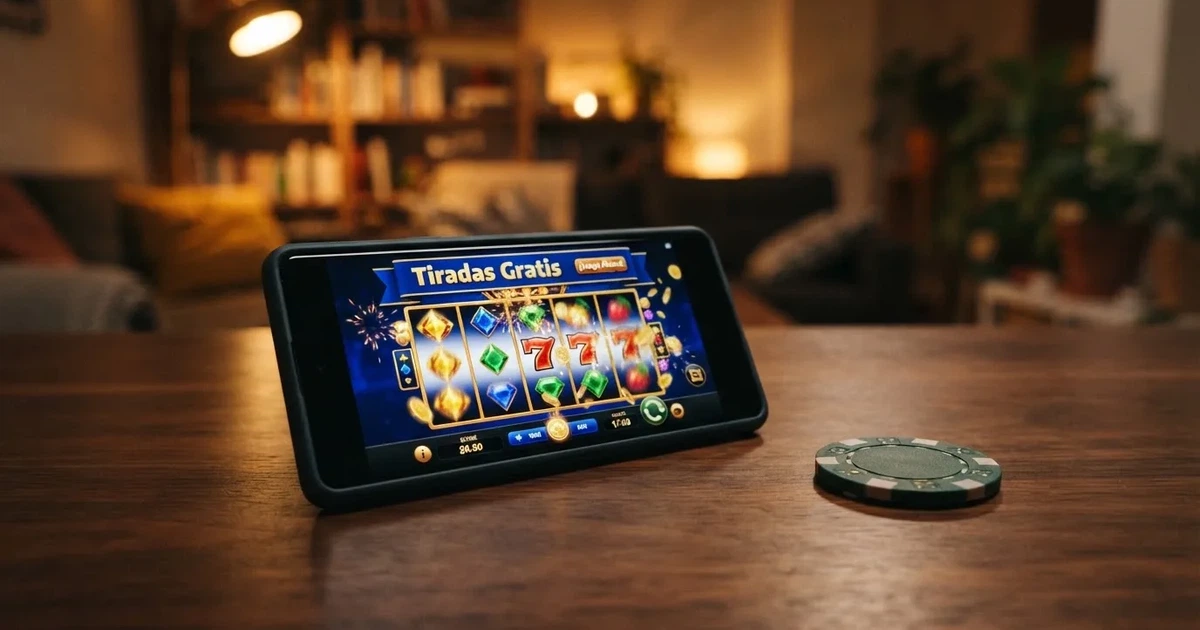 Pantalla de un casino online con una promoción de tiradas gratis sin depósito destacada junto a una tragaperras en funcionamiento