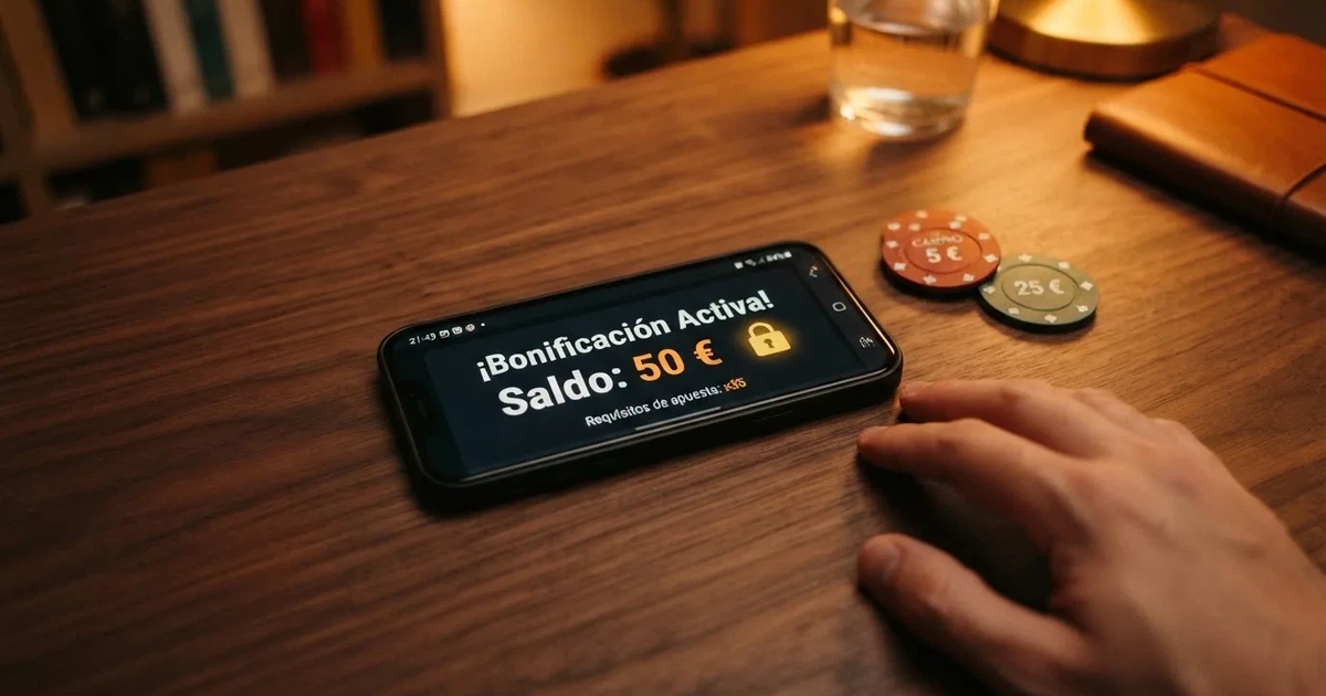 Primer plano de una pantalla de móvil mostrando un saldo de bono de casino online en euros junto a un icono de candado que simboliza las condiciones de liberación