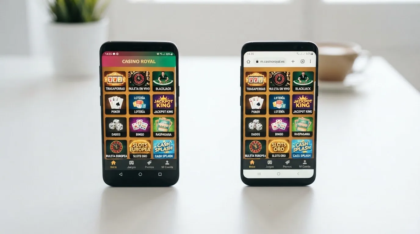 Dos teléfonos uno al lado del otro: el izquierdo con una app de casino abierta y el derecho con el mismo casino en el navegador