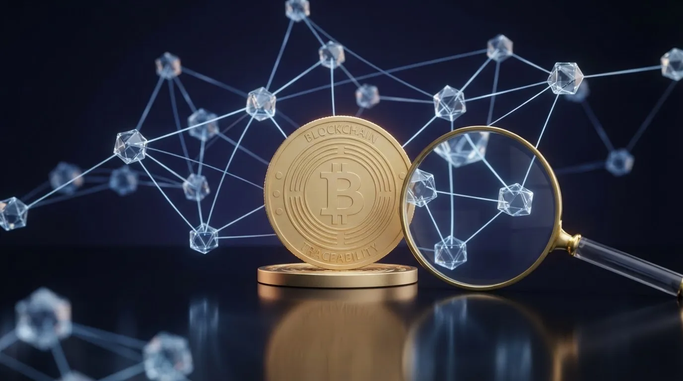 Una representación visual de la blockchain con nodos conectados y un símbolo de bitcoin, junto a una lupa que revela datos de transacción
