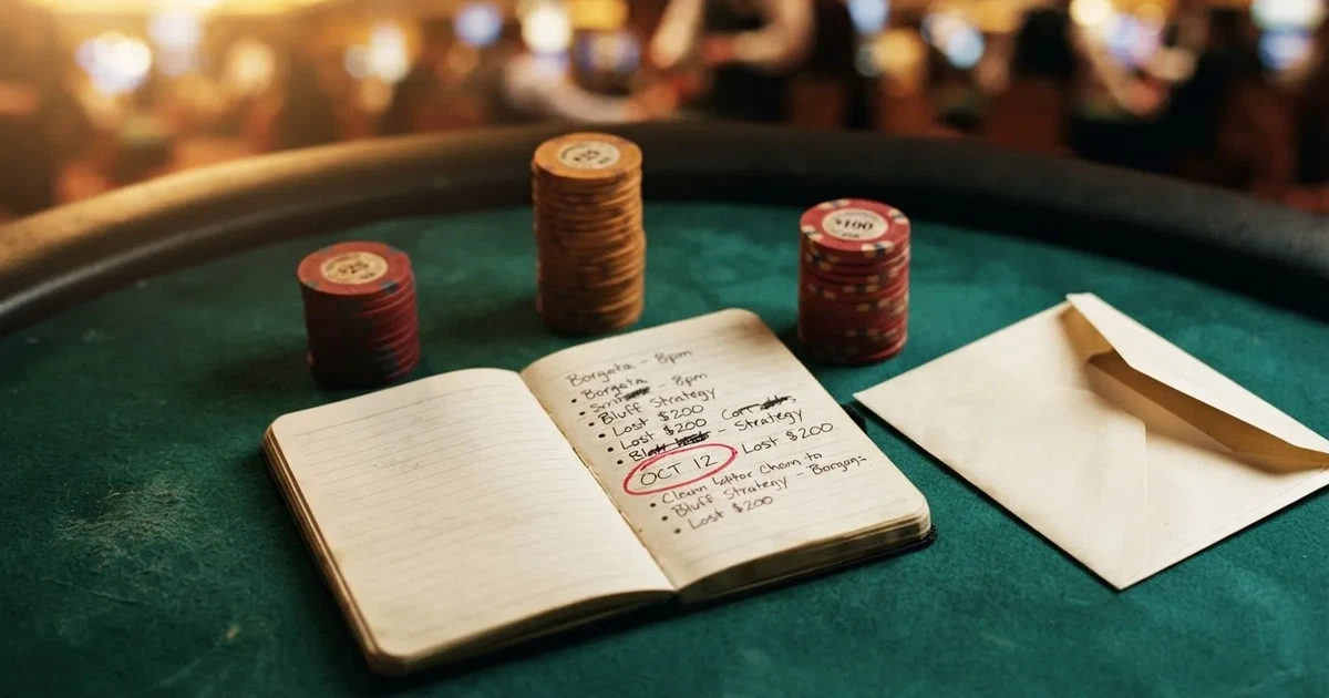 Un calendario con una fecha de cumpleaños marcada junto a fichas de casino y un sobre de regalo abierto sobre una mesa de juego