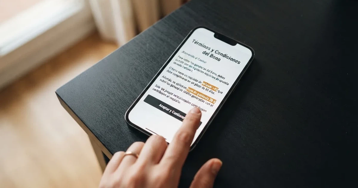 Primer plano de un móvil mostrando la pantalla de condiciones de un bono de casino en español, con el texto «rollover ×40» y «tope de ganancia 50 €» subrayados