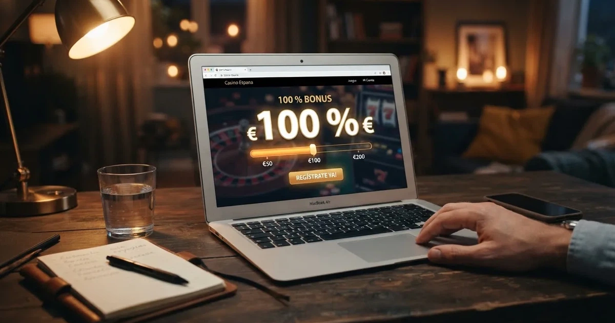 Pantalla de bienvenida de un casino online español mostrando la oferta de bono del 100 % sobre el primer depósito