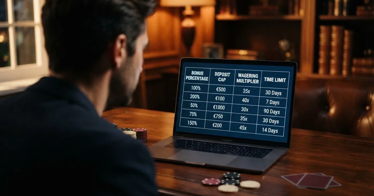 Captura de pantalla de una tabla comparativa de bonos de casino con columnas de porcentaje, tope, rollover y plazo, sobre un fondo que sugiera un entorno de casino digital con fichas y cartas en segundo plano.