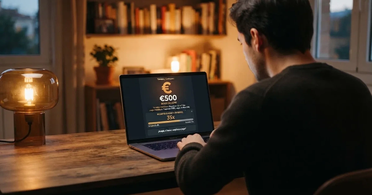 Un jugador consultando una tabla de bonos de casino en una pantalla con el logotipo de la DGOJ bisible