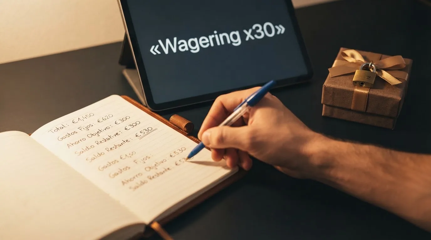 Primer plano de una calculadora junto a una pantalla donde se lee «wagering x30» y el sí mbolo de un regalo con un candado