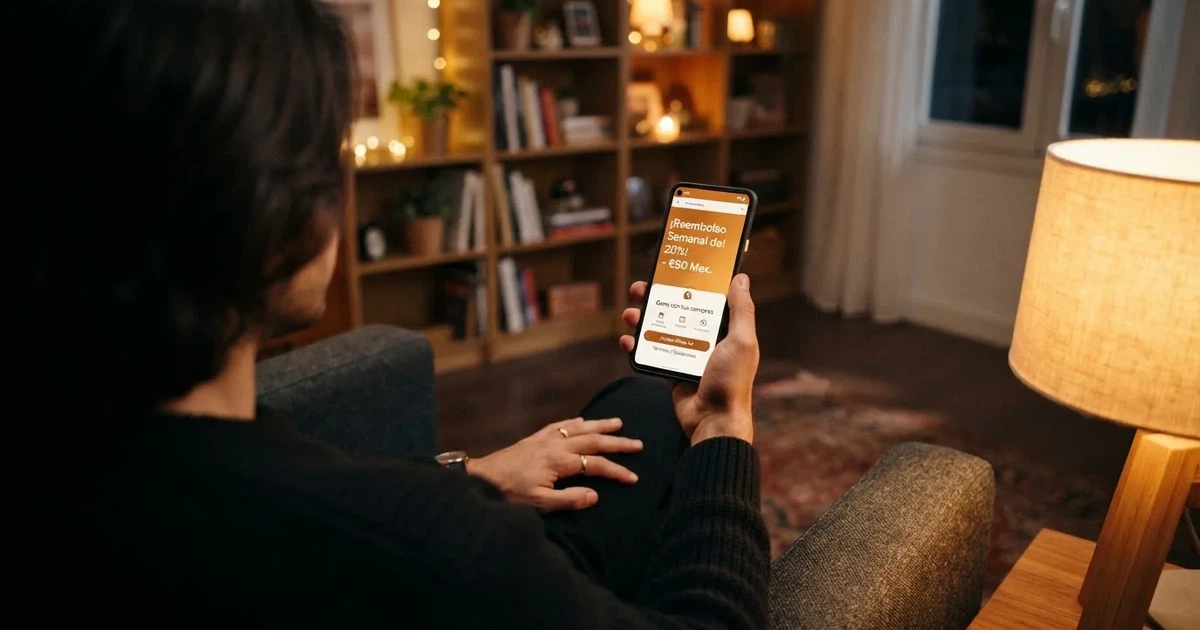 Un jugador consulta el apartado de promociones de un casino online español en su teléfono, con el importe del reembolso semanal visible en pantalla
