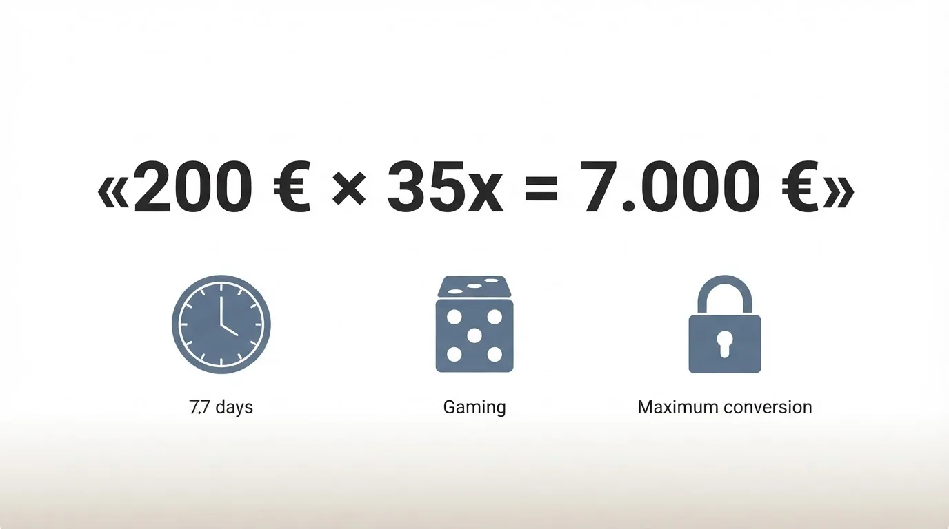 Infograf ía que muestre el cállo del requisito de apuesta: «200 € de bono × 35x = 7.000 € a apostar», con iconos de reloj (7 días), dado (5 € máx por giro) y candado (conversión máima).