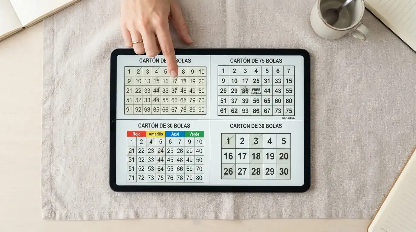 Cuatro cartones de bingo online comparados en una misma interfaz: 90 bolas con tres filas y nueve columnas, 75 bolas en cuadrícula 5×5 con casilla central libre, 80 bolas en cuadrícula 4×4 y 30 bolas en cuadrícula 3×3