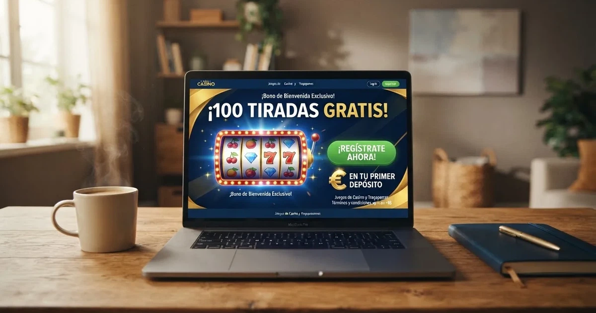 Pantalla de promoción de tiradas gratis en un casino online español con el botón de registro visible