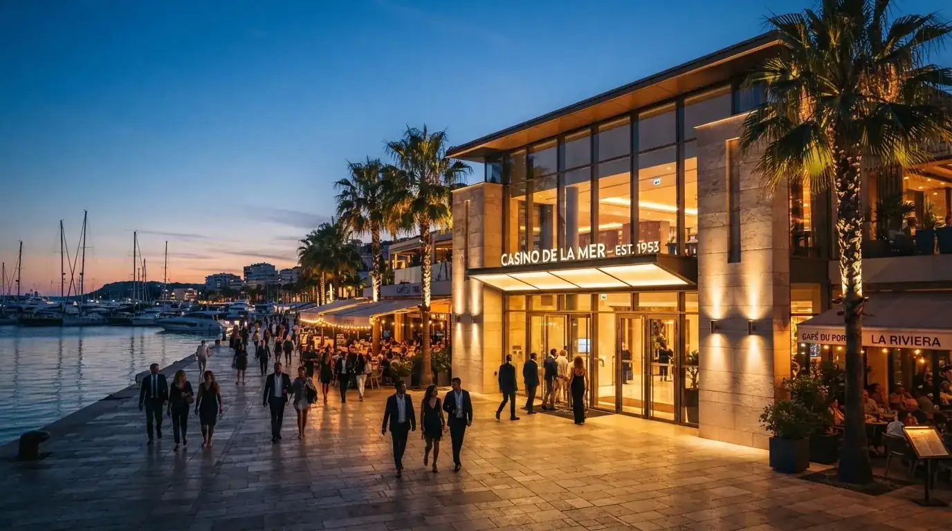 Fachada nocturna del Casino Barcelona en la Vila Olímpica, con la iluminación del edificio y el acceso principal visibles