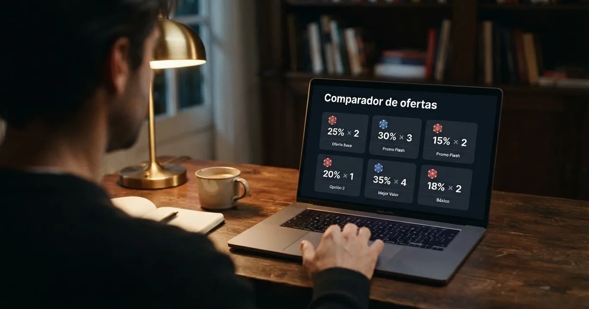 Un jugador consultando una página de comparación de ofertas de casino en una pantalla de ordenador, con fichas de bonos y el logo de la DGOJ visibles en la interfaz.