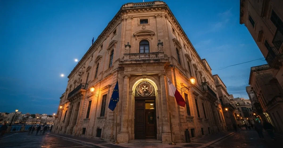 Sello de la Malta Gaming Authority sobre la fachada de un edificio institucional en Malta, con la bandera europea visible