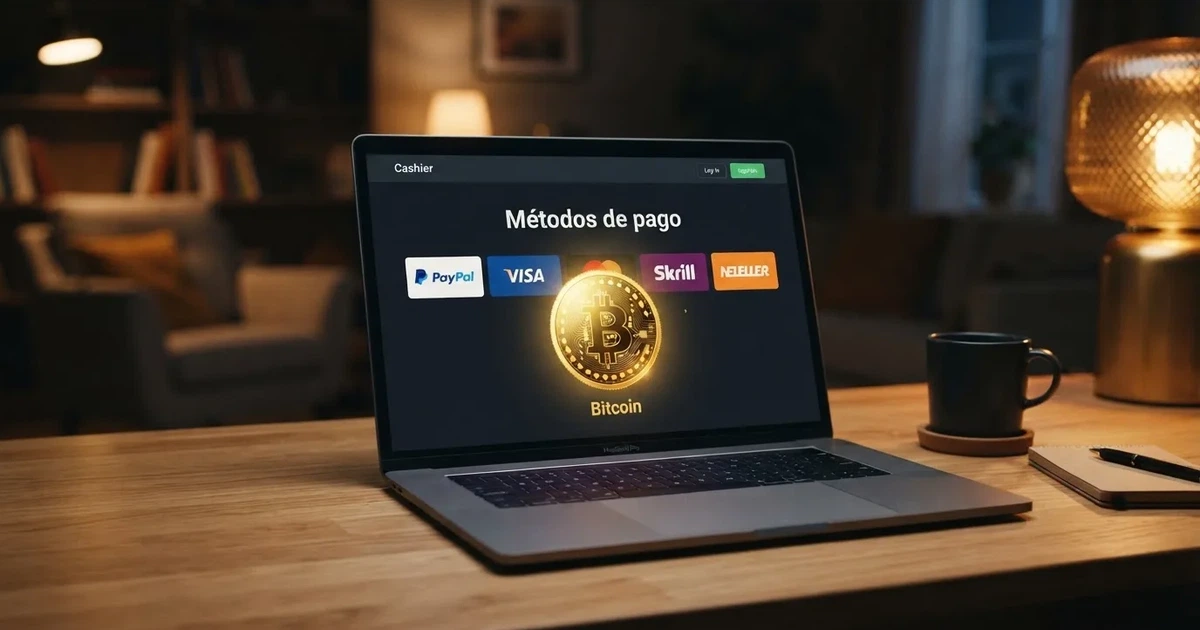 Interfaz de un casino online que muestra el logotipo de Binance Coin entre los métodos de pago aceptados
