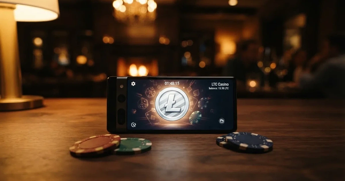 Cartera digital con interfaz de casino mostrando el logo de Litecoin sobre un fondo oscuro con fichas de póker