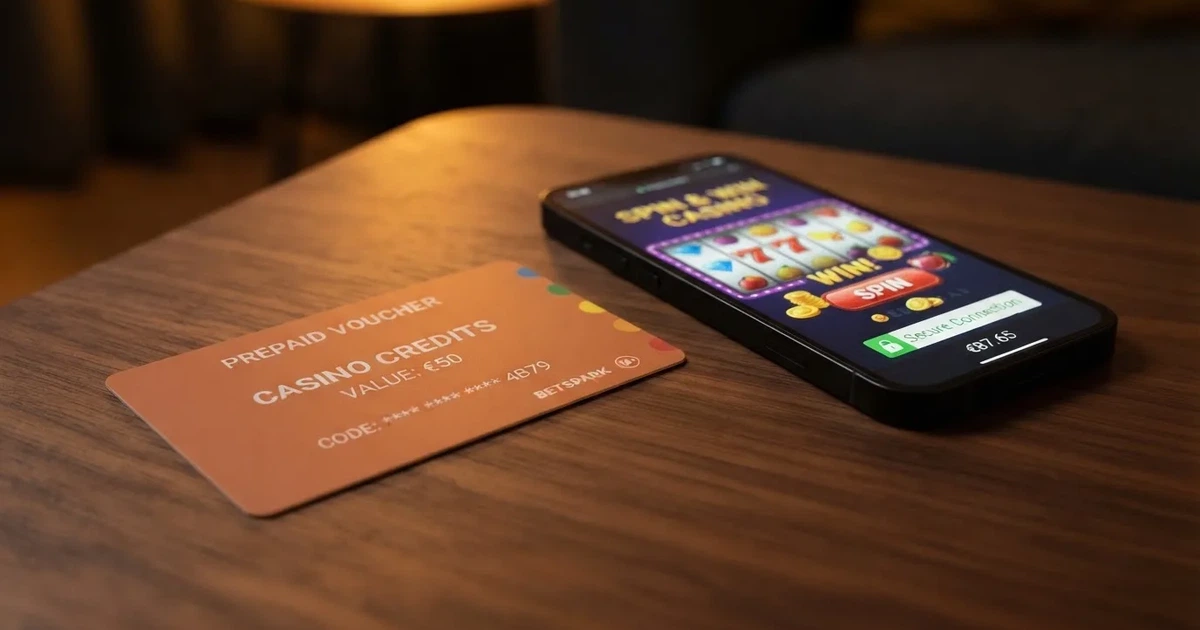 Un cupón Neosurf sobre una mesa junto a un teléfono móvil que muestra la pantalla de un casino online con el icono de conexión segura