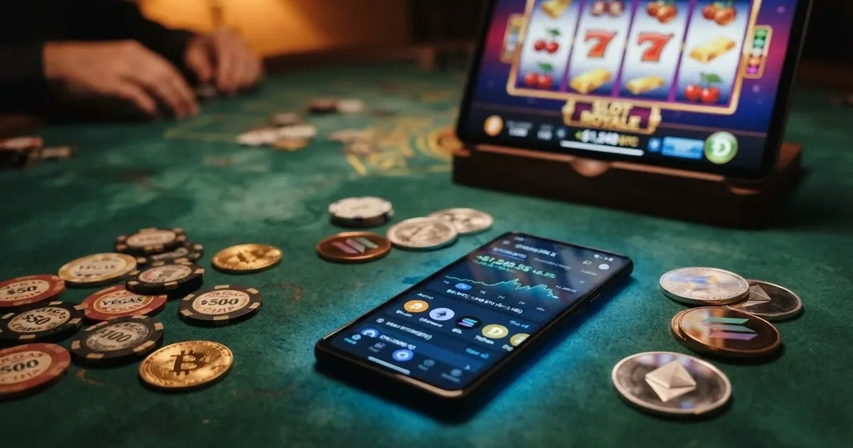 Monedas de TRON (TRX) sobre una mesa de casino digital con fichas y una pantalla mostrando una tragaperras en vivo