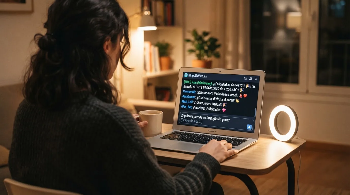 Ventana de chat de una sala de bingo online española con el moderador anunciando un bote ganado, varios jugadores felicitando con emoticonos y un juego de chat paralelo activo