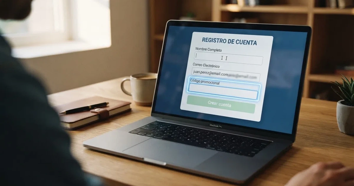 Pantalla de registro de un casino online español mostrando el campo «Código promocional» resaltado en el formulario