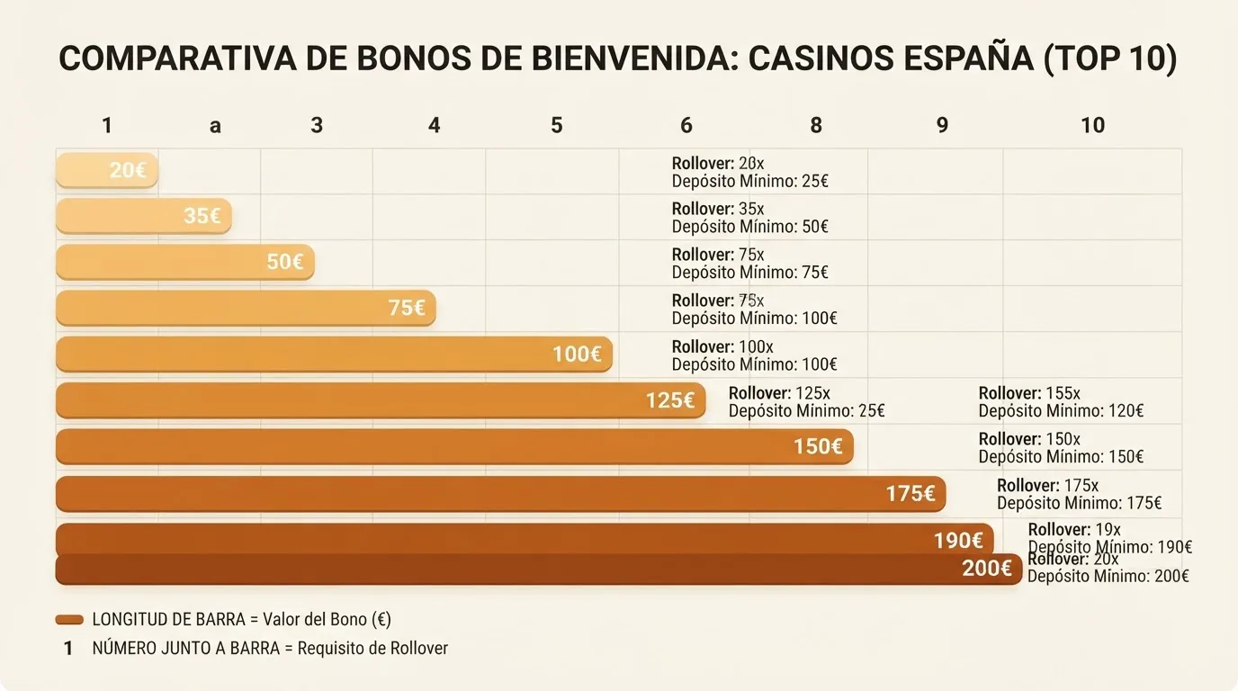 Tabla comparativa con los bonos de bienvenida de los diez casinos online españoles analizados, ordenados por valor real de su oferta