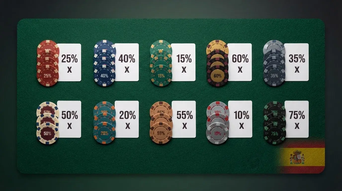 Una tabla comparativa con los logotipos de los diez casinos analizados, ordenados por condiciones de bono, sobre un fondo limpio con la bandera de España en marca de agua.