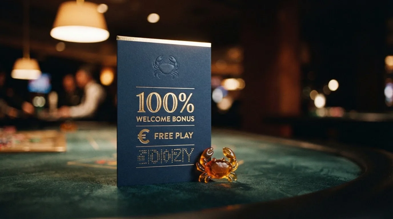 Diez tarjetas de casino alineadas con sus bonos de bienvenida, símbolos de licencia y el icono del cangrejo como elemento común