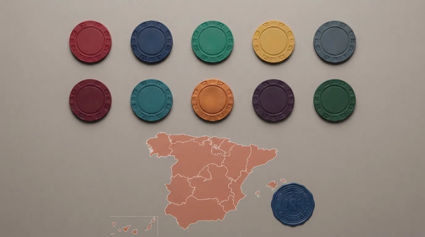 Una cuadrícula con fichas de distintos colores, cada una representando un casino, ordenadas sobre un mapa de España con el sello de la DGOJ visible