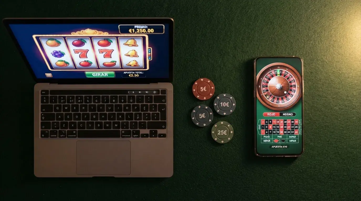 Pantalla dividida con fichas de varios casinos con licencia DGOJ abiertas en dispositivos móvil y ordenador