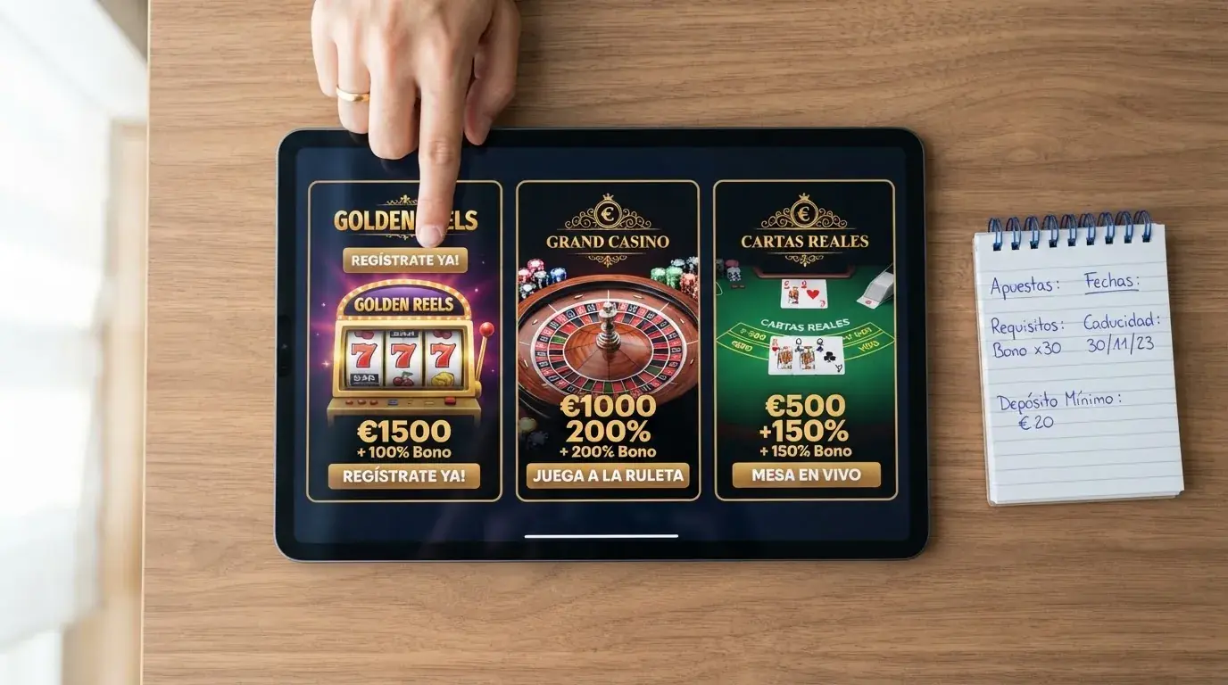 Pantalla dividida con las fichas de tres casinos online españoles mostrando sus respectvas ofertas de bienvenida, junto a un block de notas con cifras de wagerig y plazos