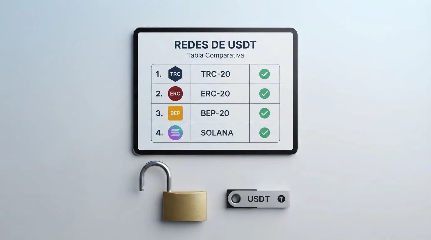 Tabla comparativa con logotipos y puntuaciones de los diez casinos analizados, pantalla con la lista de redes USDT disponibles