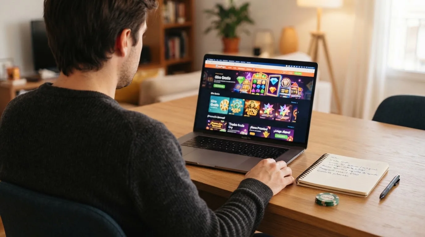 Interfaz de una tabla comparativa de casinos online con columnas de tiradas gratis, rollover y ganancia máxima
