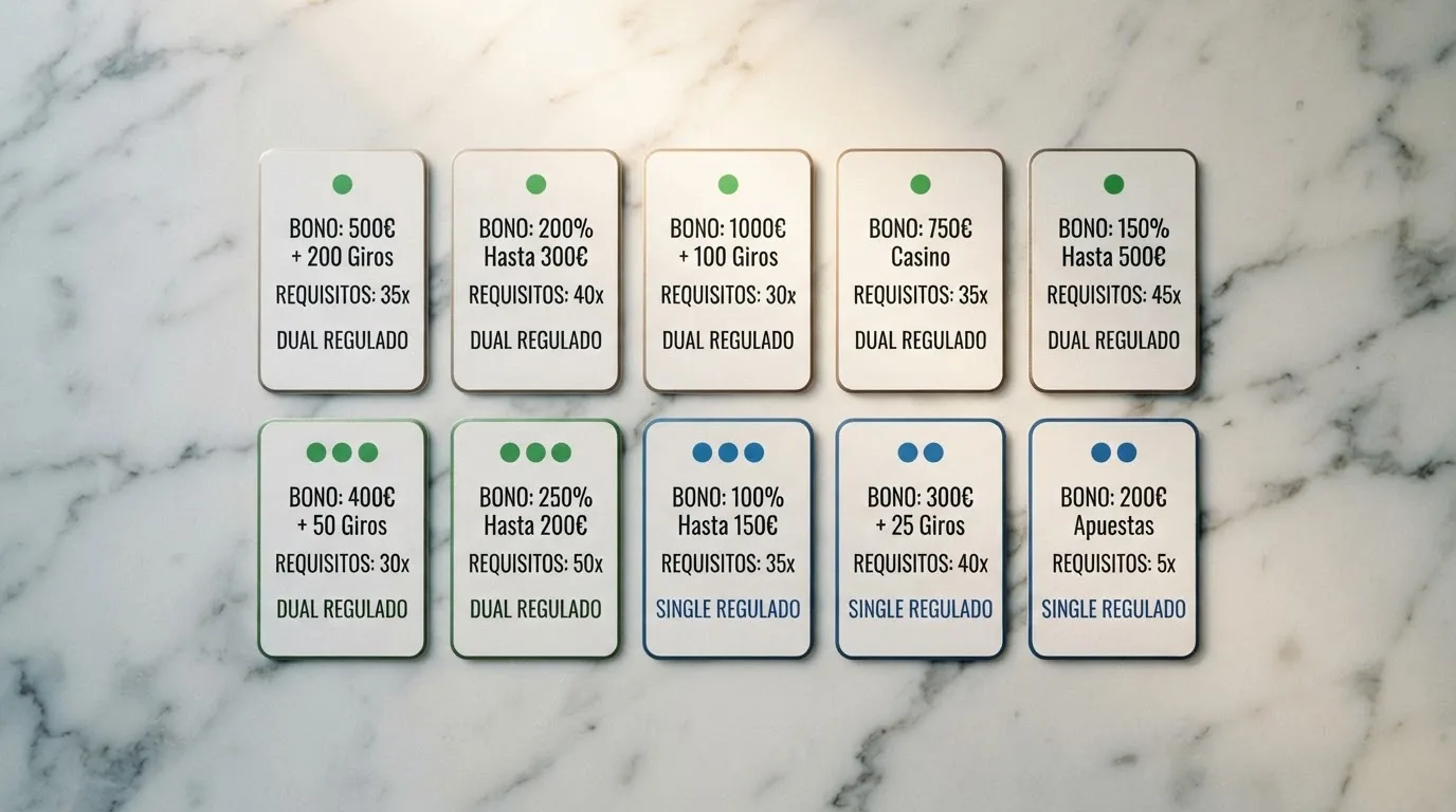 Cuadrícula con las fichas de diez casinos ordenadas, cada una con su sello regulat orio visible (MGA, DGOJ o ambos)