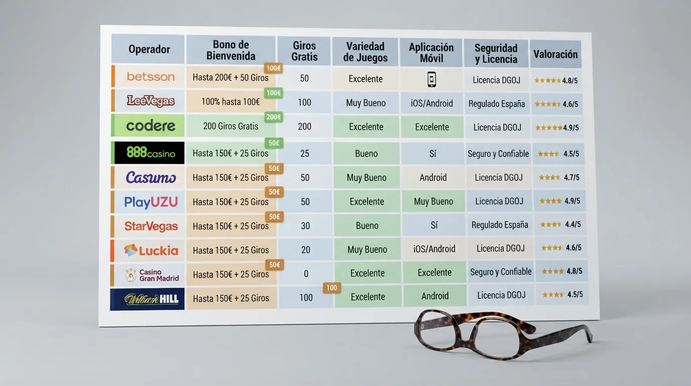 Tabla comparativa con los operadores DGOJ, sus ofertas de tiradas gratis, rollover y ganancia máxima