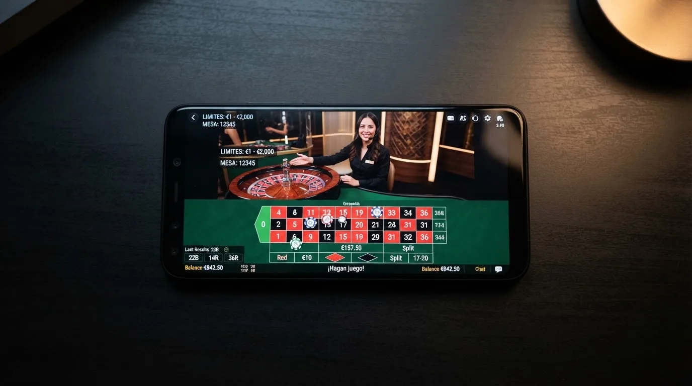 Interfaz de una mesa de ruleta en vivo en un casino online .es con crupier hispanohablante y lí mites de apuesta visibles
