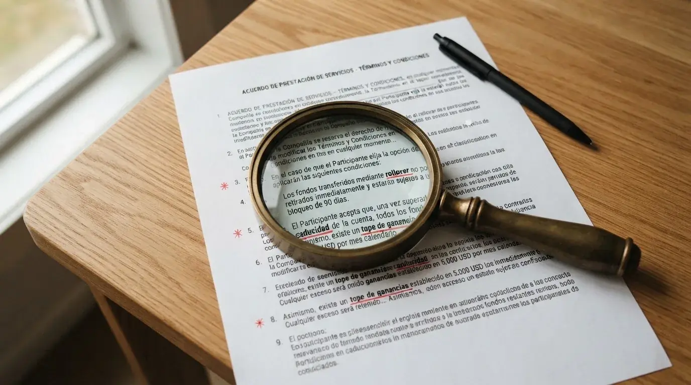 Primer plano de una lupa sobre la letra pequeña de un contrato de bono de casino, con los términos «rollover», «caducidad» y «tope de ganancias» subrayados