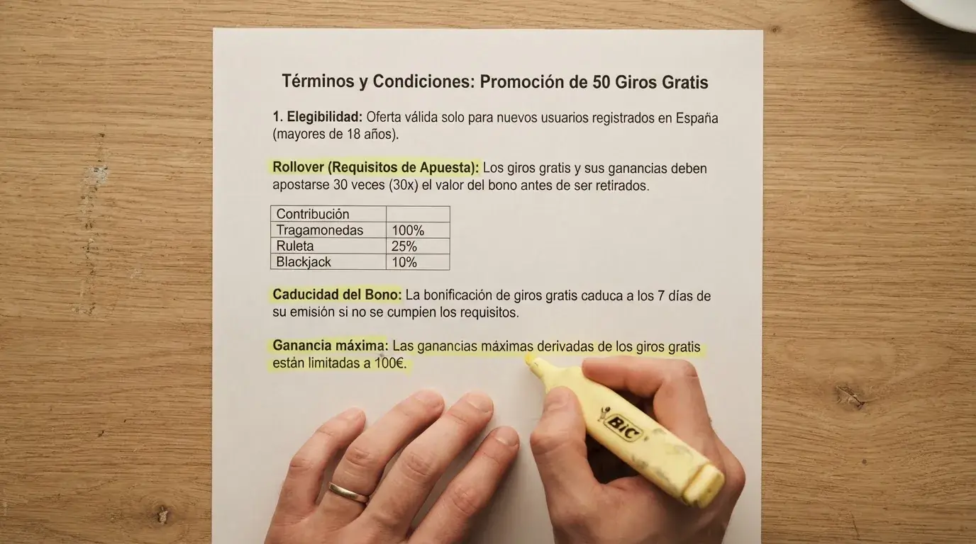 Documento con los términos de una promoción de tiradas gratis donde se resaltan los apartados de rollover, caducidad y ganancia máxima