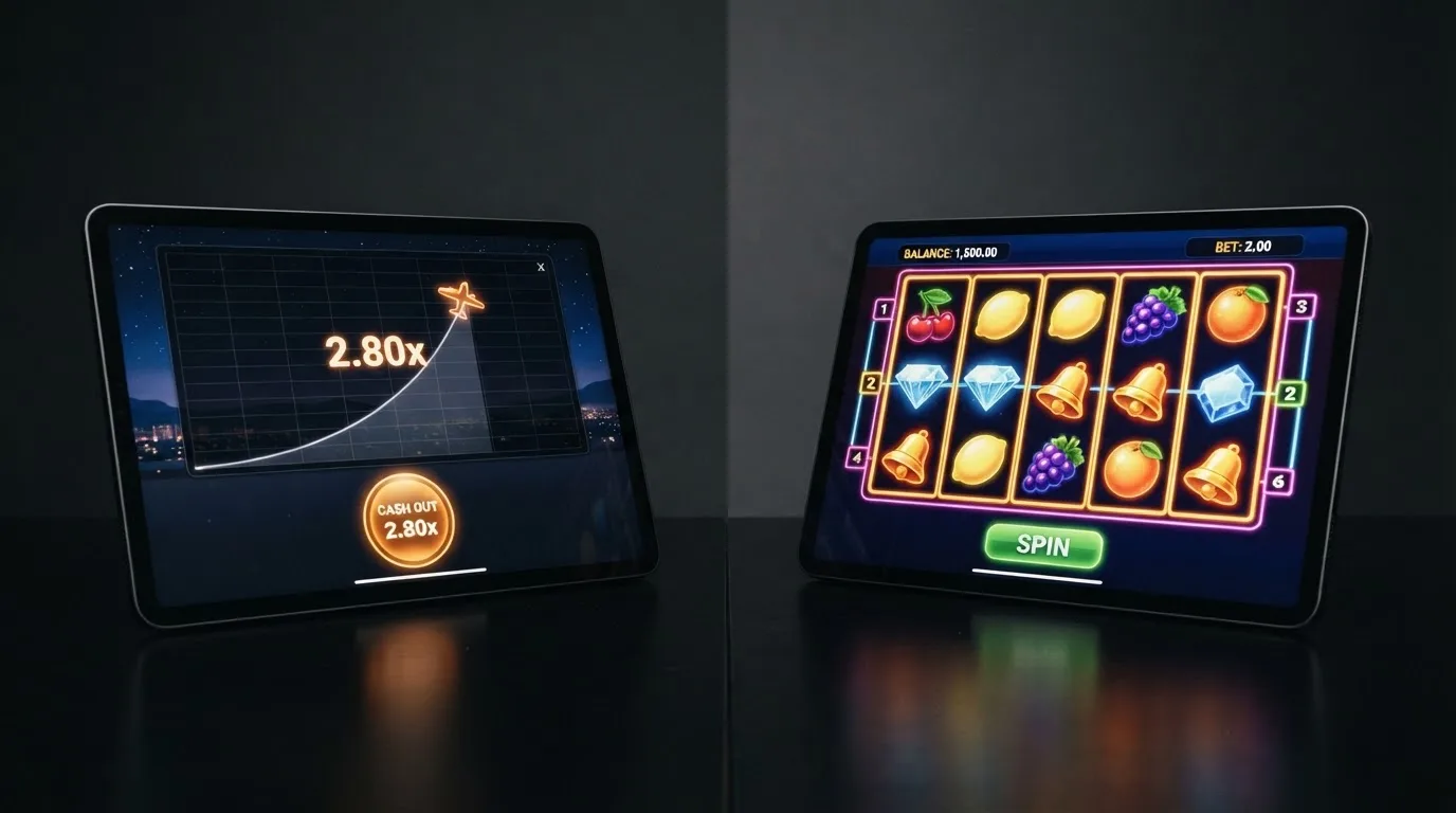 Comparativa visual entre la mecánica de un crash game (multiplicador y botón de cashout) y la de una tragaperras (rodillos y líneas de pago)