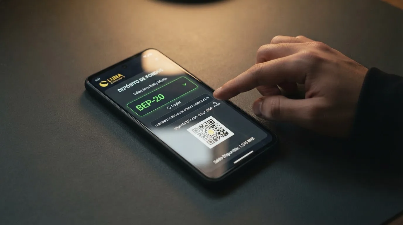 Pantalla de depósito de un casino online mostrando la dirección de wallet BNB en formato 0x y la red BNB Smart Chain seleccionada