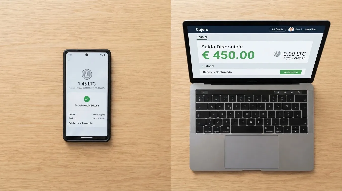 Pantalla dividida: a la izquierda un monedero de criptomonedas mostrando una transacción LTC, a la derecha el cajero de un casino online con el saldo acreditado