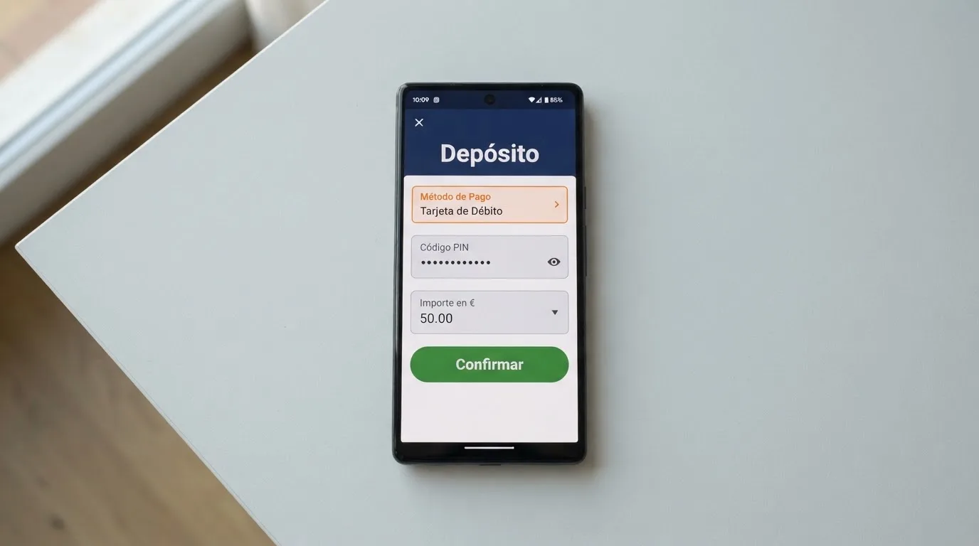 Pantalla del cajero de un casino online con la opción Neosurf seleccionada, el campo para el código PIN de 10 dígitos y el importe del depósito