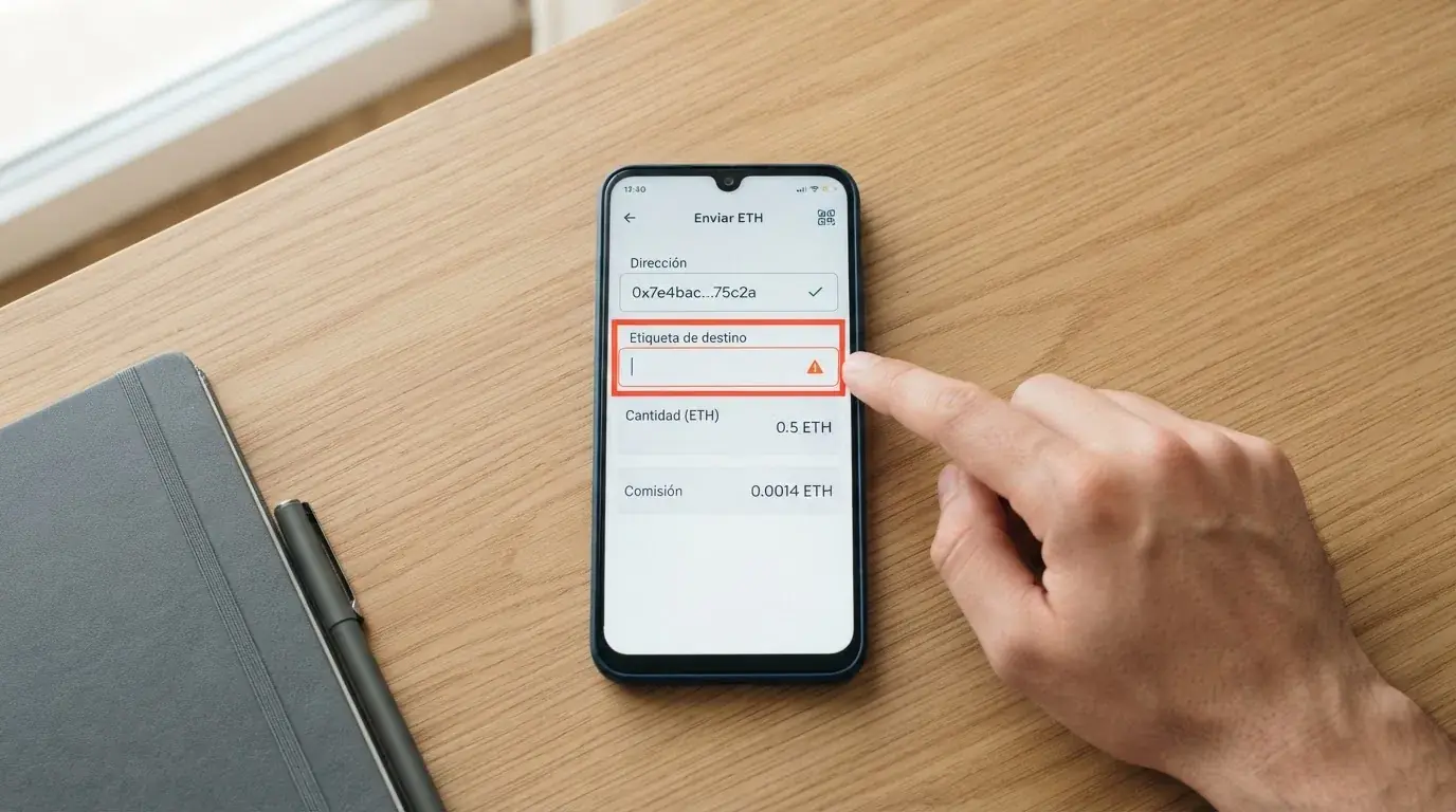 Pantalla de un monedero de criptomonedas con el campo de destination tag resaltado junto al de dirección de envío