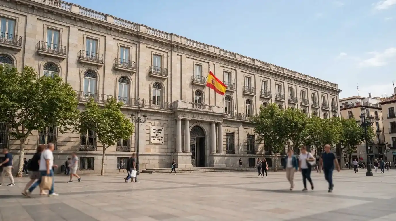 Edificio institucional de la Direción General de Ordenaión del Juego en Madrid, con la bandera de España y el rótulo del organismo en la entrada
