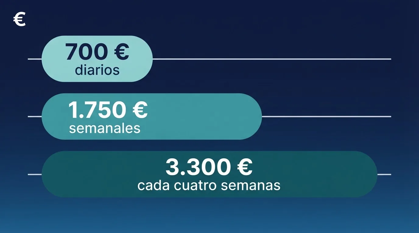 Captura delBOE o infograf ía con los nuevos umbrales de depósito conjunto:700 €diarios,1.750 € semanales,3.300 € cadacuatro semanas