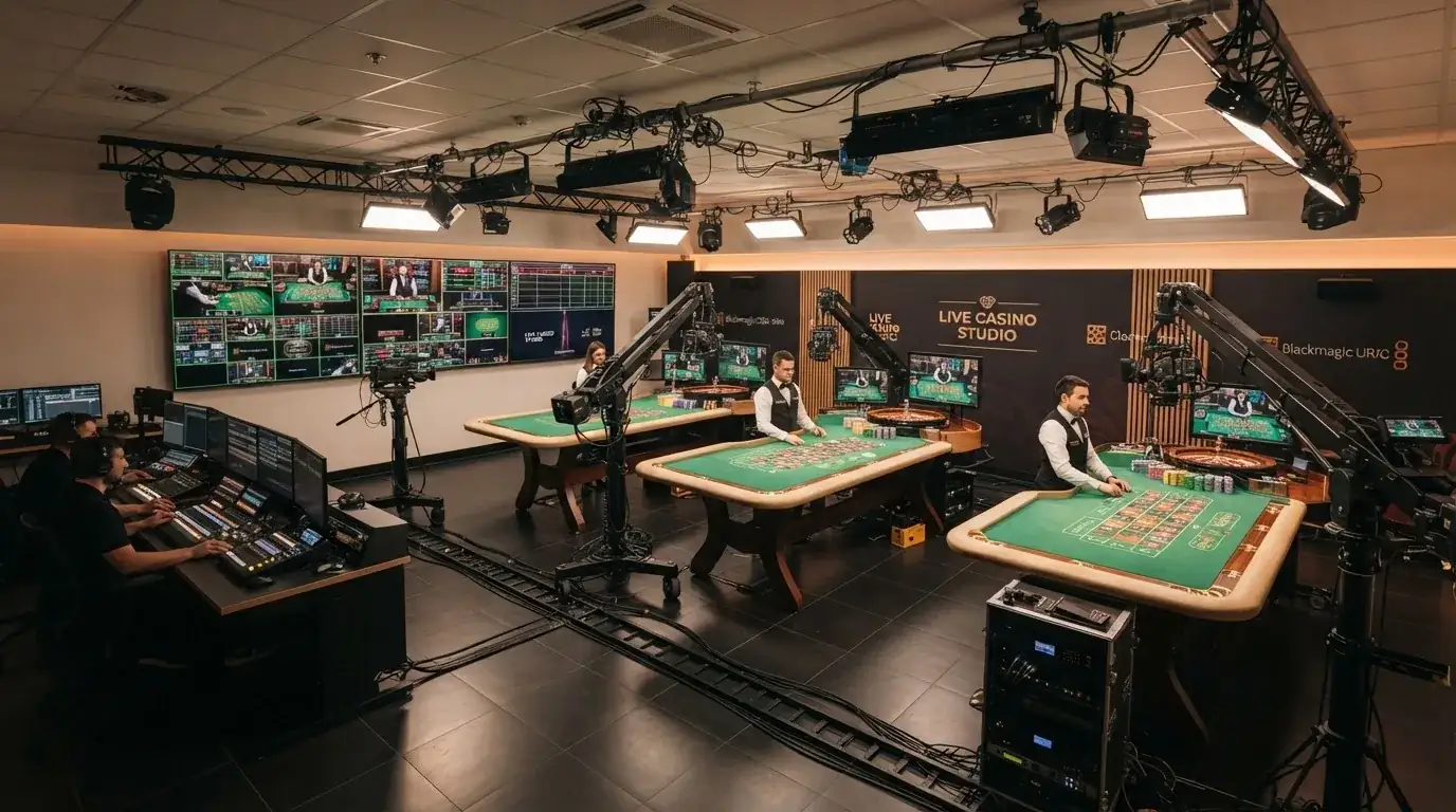 Interior de un estudio de retransmisión de casino en vivo de Evolution Gaming con mesas de ruleta, monitores y equipo de cámaras profesionales