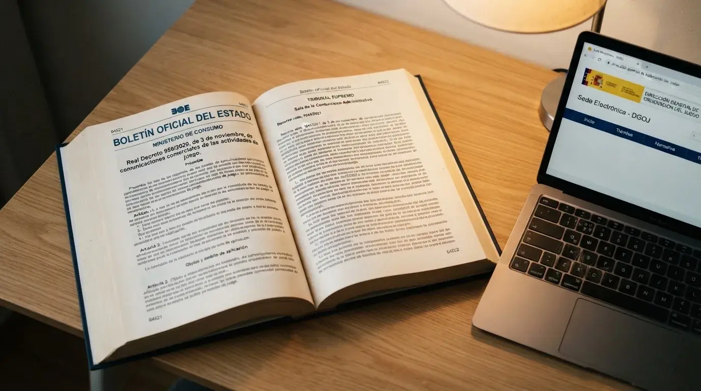 Primer plano del BOE abierto sobre una mesa con el texto «Real Decreto 958/2020» y «Tribunal Supremo» visibles, junto al logotipo de la DGOJ en una pantalla