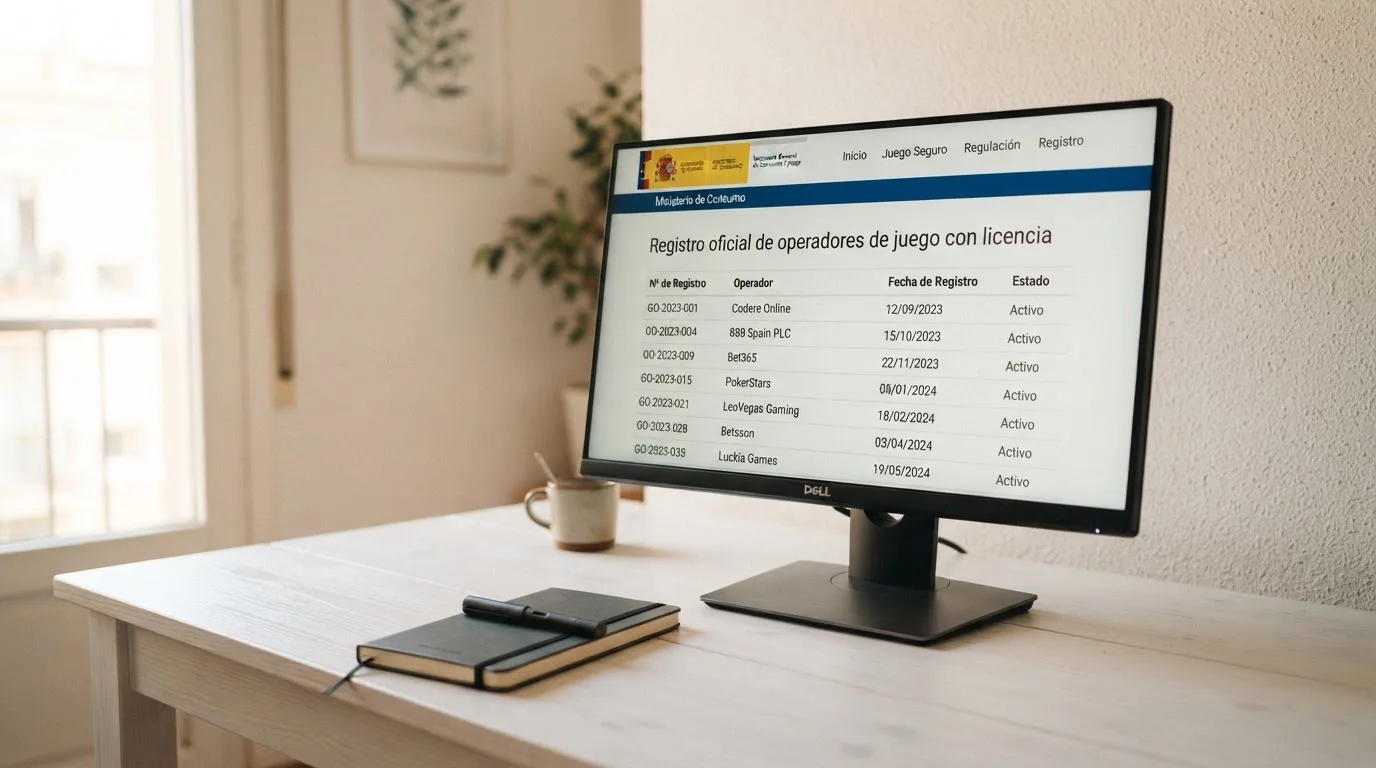 Pantalla de ordenador mostrando el sitio web oficial de la DGOJ (ordenacionjuego.es) con el listado de operadores con licencia