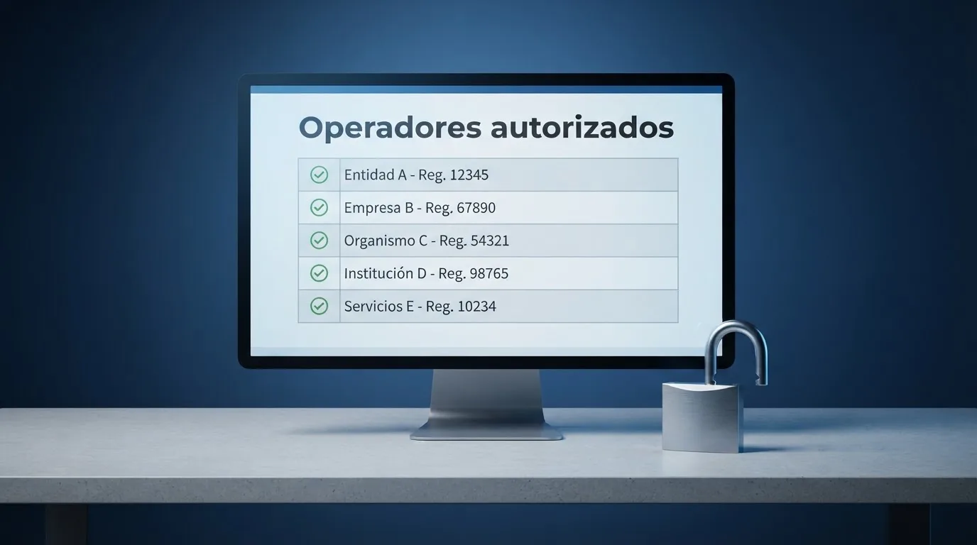 Pantalla de ordenador mostrando el listado oficial de operadores con licencia en la web de la DGOJ (ordenacionjuego.es) junto a un candado abierto sobre fondo azul institucional