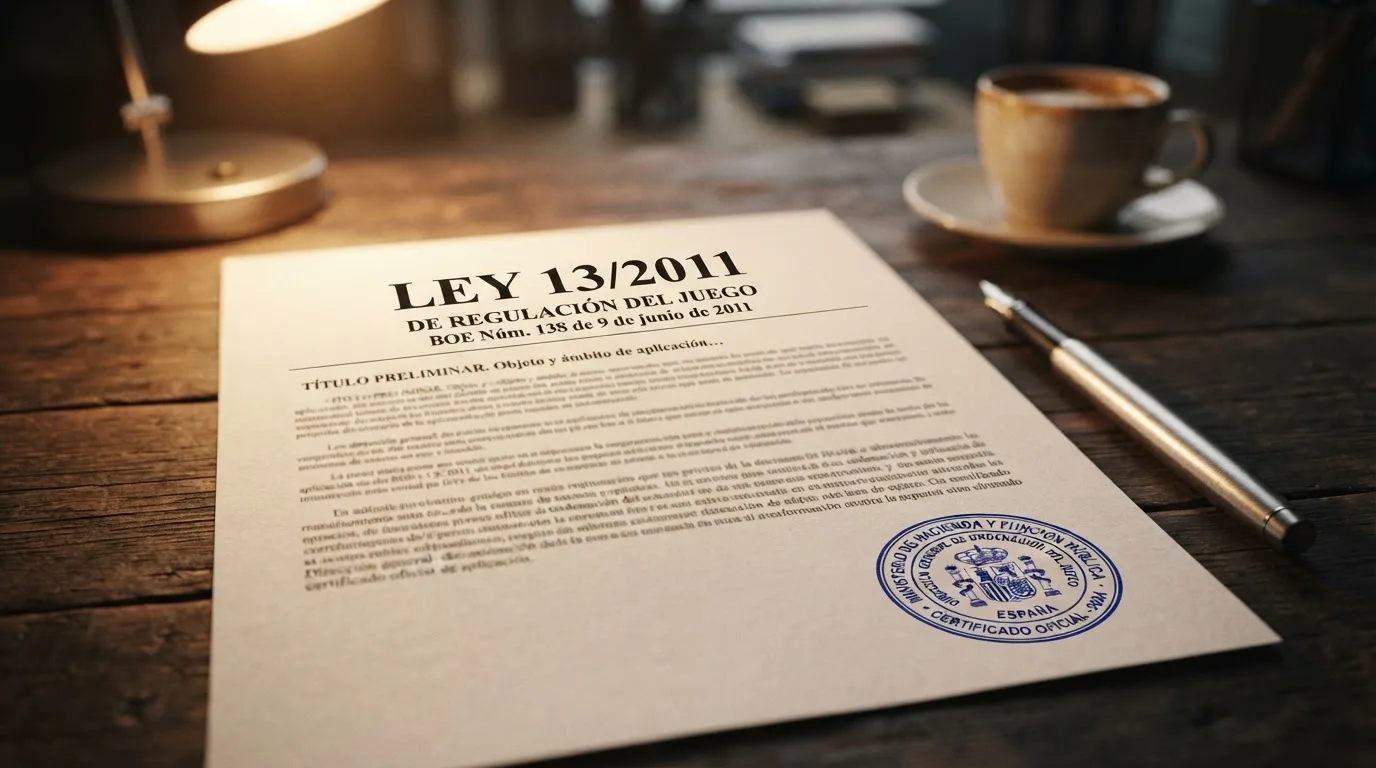 Primer plano de un documento oficial con el sello de la DGOJ y un extracto del BOE con el texto «Ley 13/2011» visible