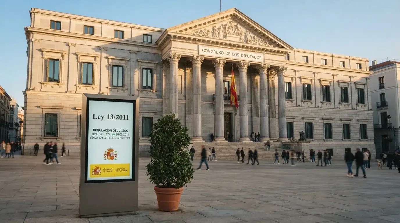 El edificio del Ministerio de Derechos Sociales, Consumo y Agenda 2030 junto a una pantalla que muestra el logo de la DGOJ y el texto «Ley 13/2011»