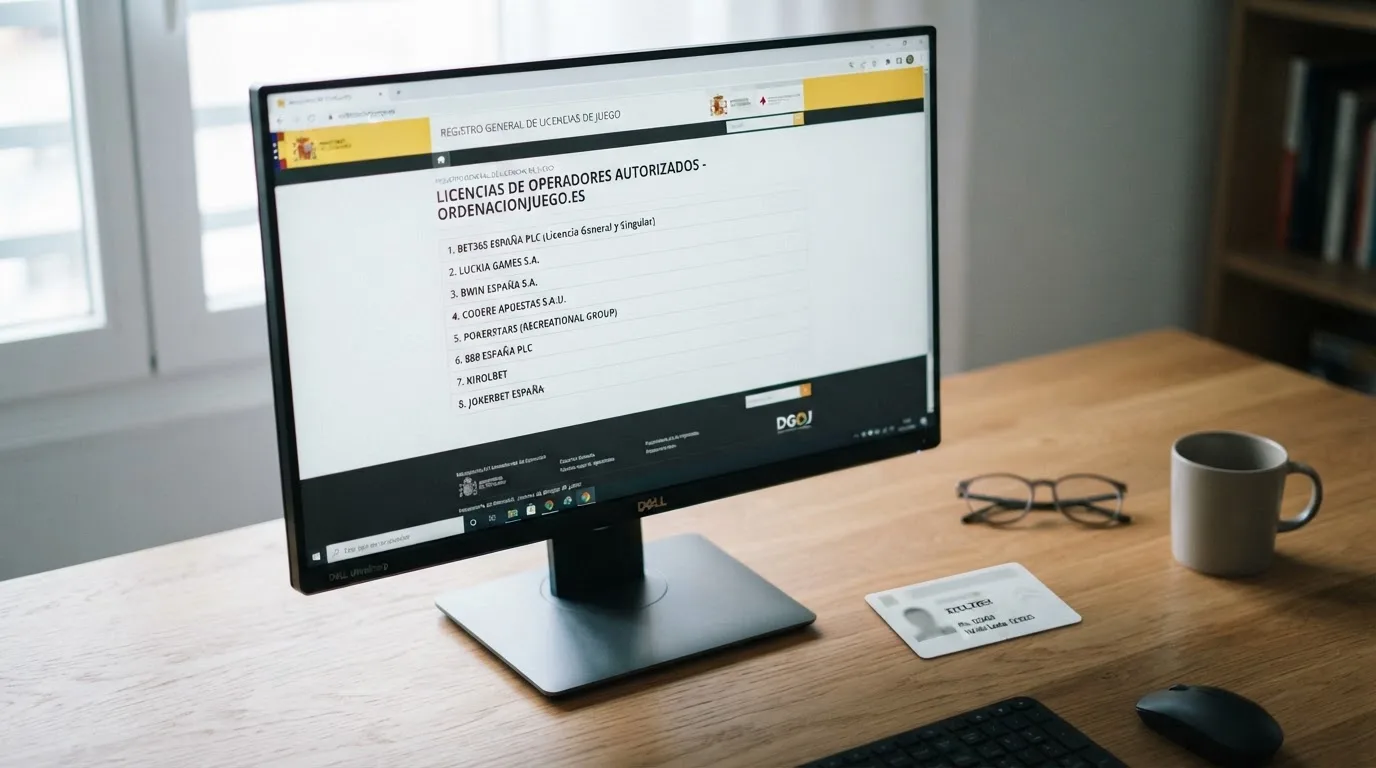 Pantalla de ordenador mostrando el sitio web de la DGOJ (ordenacionjuego.es) con el listado de operadores con licencia, junto a un DNI español sobre el escritorio.